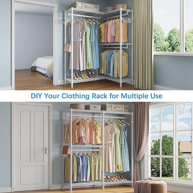 VIPEK L4 Garment Rack L Shaped Clothes Rack for Corner, Freestanding Portable Wardrobe Closet Heavy Duty Clothing Rack with 3 Hanging Rods & 2 Side Hooks, 43.3"Lx29.1"Wx76.4"H, Max Load 810LBS, White