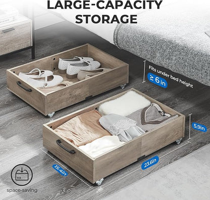 TIOPGHAD Under Bed Storage with Wheels, 2-Pack Under Bed Shoe Storage Organizer Drawer, Composite Wood Organizer for Shoes Clothes Containers in Bedroom for Clothes,Shoes(Grey)
