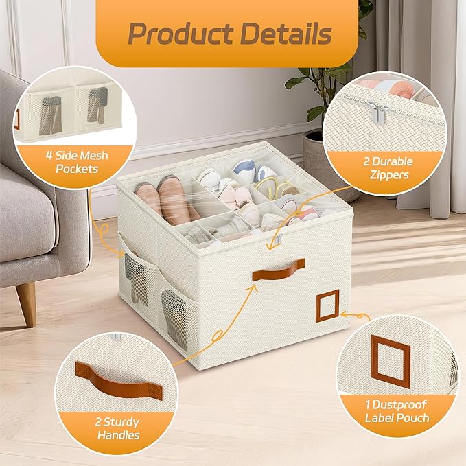 Shoe Organizer for Closet, 1 Pack Foldable Shoe Storage Organizer Box with Adjustable Dividers and Clear Cover, Space Saving Shoe Box with Reinforced Handles, Fits 8-16 Pairs, White