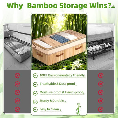 Livole 2 Pack Bamboo Under Bed Storage, 6-10 inches Height Adjustable Underbed Storage Containers, 92L XXXL Large Under Bed Storage Bins with Clear Lid & Label for Clothes, Blankets, Sweater, Shoes