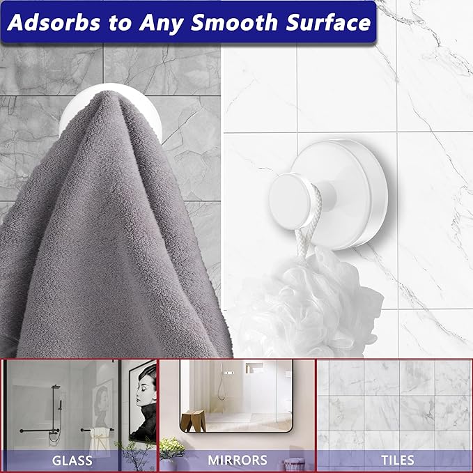 Suction Cup Hooks for Shower,Removable No Drill Towel Hooks,Upgraded 15 lbs Strong Suction hooks for Bathroom Tile,Shower Wall,Glass Door,Kitchen-Loofah,Coat,Stainless Waterproof-White 2 Pcs