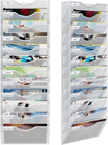 12 Pockets Hanging Wall File Organizer, Office Organization Wall Mount Mail Sorter Paper Holder Bill Organizer for Home, White