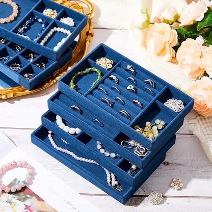 Junkin 18 Pcs Velvet Jewelry Tray Stackable Jewelry Drawer Organizer Jewellery Box Divided Display Tray for Earring Bangle(Peacock Blue)