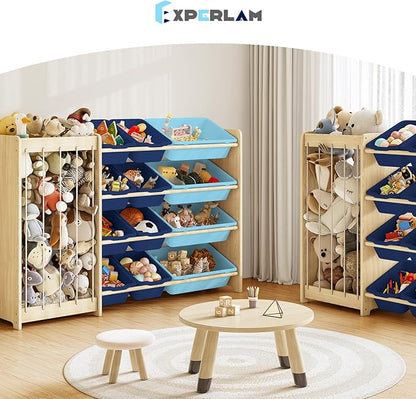 Kids Toy Storage Organizer, 2-in-1 Stuffed Animal Storage & Toy Organizer w/12 Bins, Solid Wood Toy Rack Featuring Thicker Elastic Ropes, Playroom Nursery Bedroom Storage, Blue