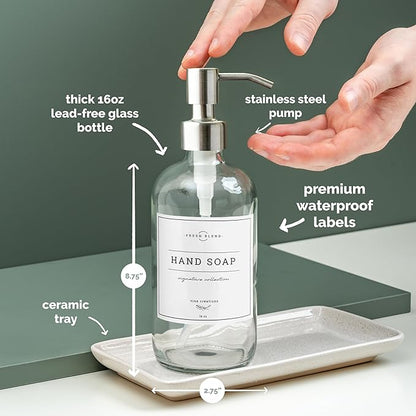 Vine Creations Glass Soap Dispenser, 2 Pack Kitchen Soap Dispenser Set with Ceramic Tray, Stainless Steel Pump, Dish Soap Dispenser for Kitchen, Hand Soap Dispenser Bathroom with Waterproof Labels