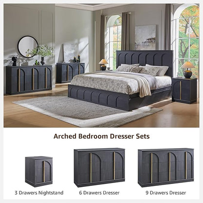ACCOHOHO Modern Night Stand Set 2 with Arched Panel, 18" Nightstand with Charging Station, Side Table with 3 Storage Drawers, Wood Square Bedside End Table for Bedroom Living Room, Black