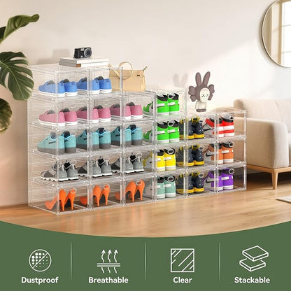 ALCCB Thicken Hard Clear Shoe Storage Organizer for Closet, 12 Pack Modular Plastic Stackable Shoe Storage Box Organizer, Shoe Sneaker Rack Display Case Containers Bins with Lids, White