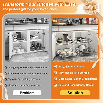 ALINE FURNITURE Pull Out Shelves - 14" W x 22" D Soft Close Pull Out Cabinet Organizer 1 Tier - Slide Out Drawers with Shelf Liner, Heavy Duty Steel Wire Baskets for Kitchen Cabinets, Pantry, Bathroom