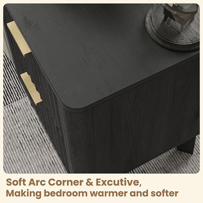 TROJM Fluted Nightstand Set of 2, Modern End Table with Metal Handle,2 Storage Drawers Side Table,Bedside Table for Bedroom,Wood Nightstands,Curved Profile Design Furnitue, Black