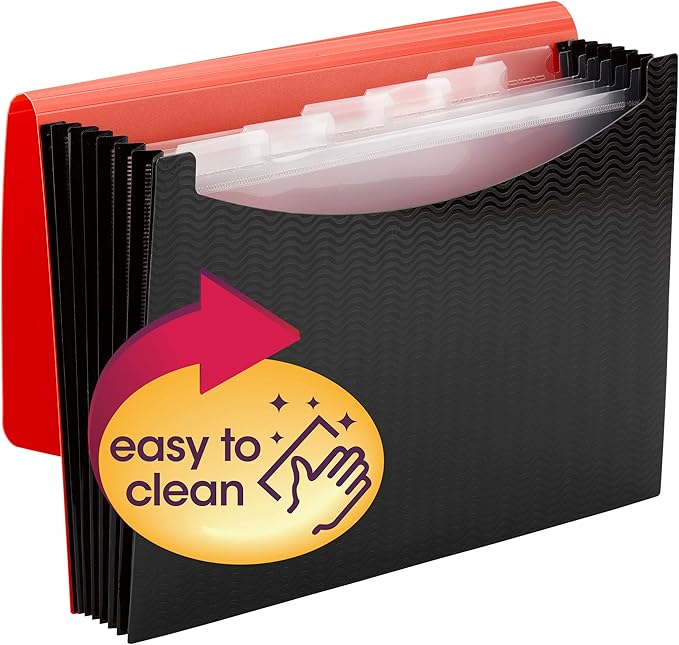 Smead 7 Pocket Poly Expanding File, 6 Dividers, Flap and Cord Closure, Letter Size, Wave Pattern Red/Black (70884)
