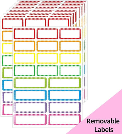 Removable Colored Labels Stickers, Self-Adhesive Rectangular Stickers Star Border Water/Oil/Tear Resistant for Storage/Classroom/Home (2 Size, 300 Labels)