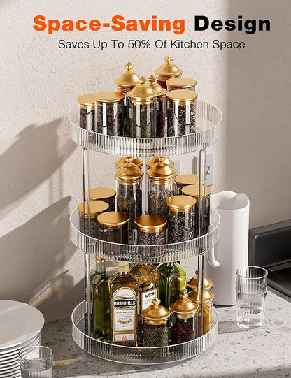 3 Tier Lazy Susan Bathroom Countertop Organizer, 360° Clear Rotating Makeup Cosmetic Perfume Storage Tray, Spinning Vanity Organizer Shelf for Bathroom Cabinet, Dresser, Kitchen(Large)