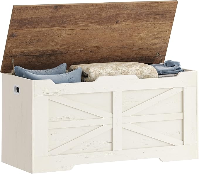 39.4" Storage Chest, Extra Large Storage Trunk with 2 Hinges, Wooden Box Bench, Lift-Top Organizer Chest, Shoe Bench for Entryway, Bedroom, Living Room, White and Brown SB03414X