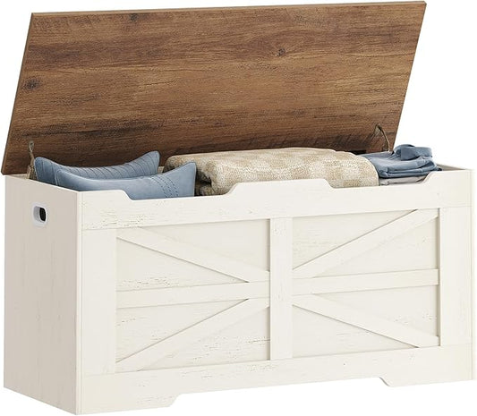 39.4" Storage Chest, Extra Large Storage Trunk with 2 Hinges, Wooden Box Bench, Lift-Top Organizer Chest, Shoe Bench for Entryway, Bedroom, Living Room, White and Brown SB03414X