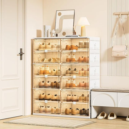 JEKO&JEKO 10-Tier Foldable Shoe Storage Box with Magnetic Doors, Large Stackable Shoe Organizer Cabinet for Entryway, Clear Front Door Shoe Boxes Hold Up to 40 Pairs (White)