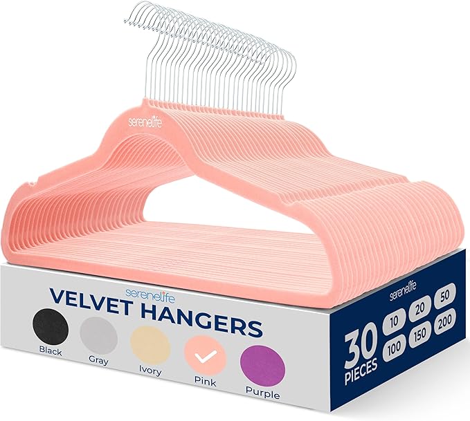 SereneLife 30 Pack Velvet Hangers – Non-Slip Clothes Hangers with Heavy Duty Design, Slim Space-Saving Coat Hangers with 360° Swivel Hook, Strong Lightweight Closet Organizer Set for Clothes (Pink)