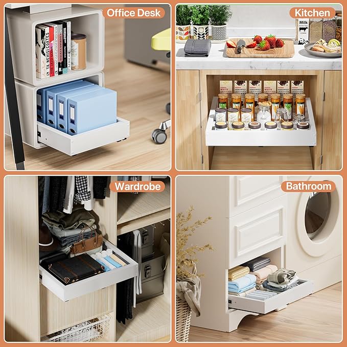 BUFOR 1 Pack Pull out Cabinet Organizer, Width (10"-16") Depth (17"-25"), with 3 Rails Adjustable Slide, Expandable Pullout Drawers for Cabinets, No Drill Adhesive Kitchen Drawers for Pantry Shelves
