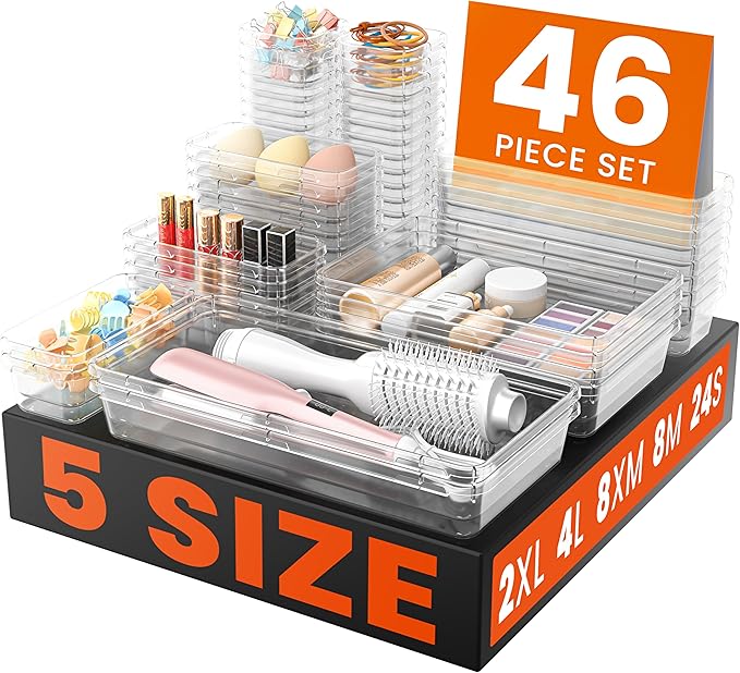 A-LuGei 【46PCS & 5Sizes】 Clear Drawer Organizer,【Hold 277 Items】 Makeup Organizer, Bathroom Organizers and Storage, Organization and Storage, Organizer Bins for Office Vanity Kitchen Tool Trays