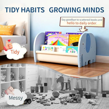 Double Sided Kids Bookshelf – 2 Tier Portable Toddler Bookshelf, Book Shelf for Kids Rooms & Playroom, Cute Elephant Design Wooden Montessori Baby Bookshelf,Toddler Book Display Shelves,Blue