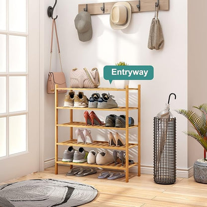 5-Tier Bamboo Shoe Rack for Entryway, Stackable | Foldable | Natural, Shoe Organizer for Hallway Closet, Standing Shoe Racks for Indoor Outdoor
