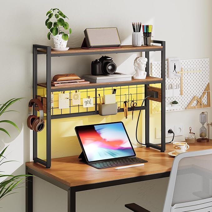 HOOBRO Desktop Bookcase, 2-Tier Desktop Organizer, 29.9" Wooden Office Storage Rack with Outlets, Display Shelf Rack with Light Strip, Desk Hutch for Office, Rustic Brown BF11UDSJ01
