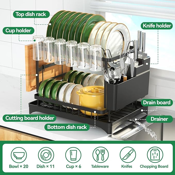QECOUI 2-Tier Dish Drying Rack with Drainboard, Sink & Countertop Metal Dish Rack Organizer, Dish Drainers for Kitchen Counter, Black
