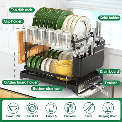 QECOUI 2-Tier Dish Drying Rack with Drainboard, Sink & Countertop Metal Dish Rack Organizer, Dish Drainers for Kitchen Counter, Black