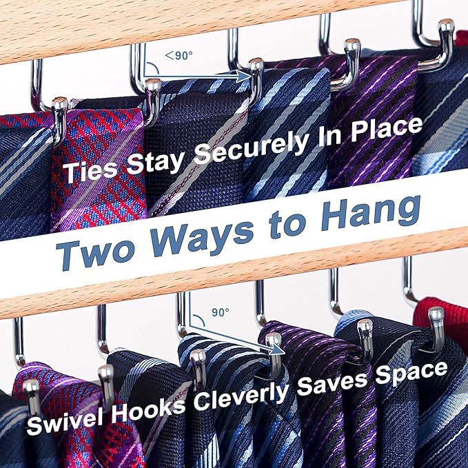 【2 in 1】 2 Pack Tie Organizer Belt Organizer Wall Mounted, Space Saving Tie Rack Belt Hanger for Closet with 40 Storage Hooks, Belt Tie Holder for Closet Organizer Storage Natrual