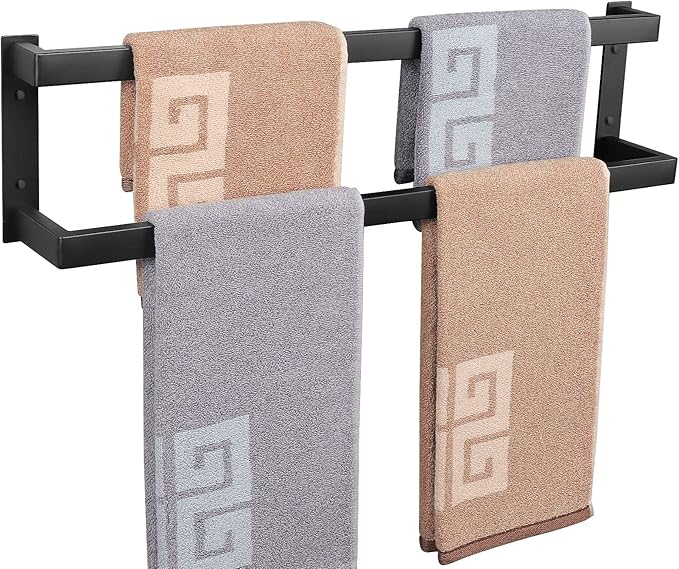 NearMoon Bathroom Towel Bar, Towel Rod Holder, Square Shelf Rack Hanging Towel for Bath, Thicken SUS304 Stainless Steel Towel Rack Wall Mounted-2-Tier Bath Accessories (24 Inch, Matte Black)