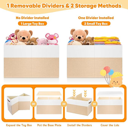 Large Toy Box, Collapsible Sturdy Storage Chest With Lids, Kids Toy Chest Storage Organizer Toddler Bin Boxes for Living Room, Bedroom, Nursery, 25"x13"x16", Beige & White