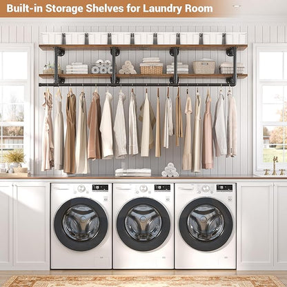 Aheaplus Industrial Pipe Clothes Rack with Top Shelf, 59In Space-Saving Wall Mounted Clothing Rack, 2 Tiers Heavy Duty Pipe Clothing Shelves with Hanging Rod for Laundry Room, Closet, Rustic Brown