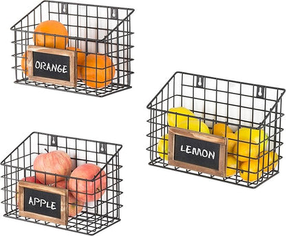 MyGift 10 Inch Wall Mounted Matte Black Metal Wire Storage Baskets with Chalkboard Labels, Small Hanging Organizer Bins for Home Entryway Kitchen Pantry Closet, Set of 3