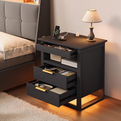 Rresyet 3 Drawer Nightstand with Charging Station & LED Lights & Open Shelf, Modern Night Stand with Storage, Wooden Bedside Table for Bedroom Room, Office (Black)