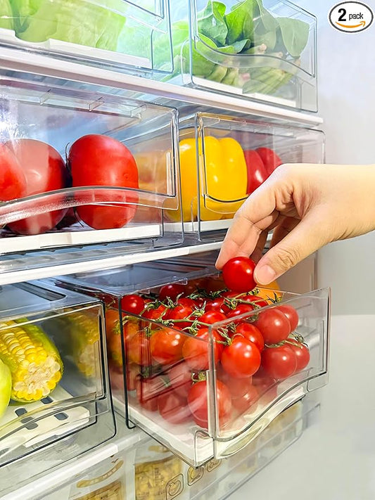 Femoliyes Refrigerator Organizers and Storage Drawer, Stackable Fruit Storage Containers for Fridge, Reusable Fridge Organizer fit for Kitchen Refrigerator and Restaurant Freezer (2 Drawers, Large)