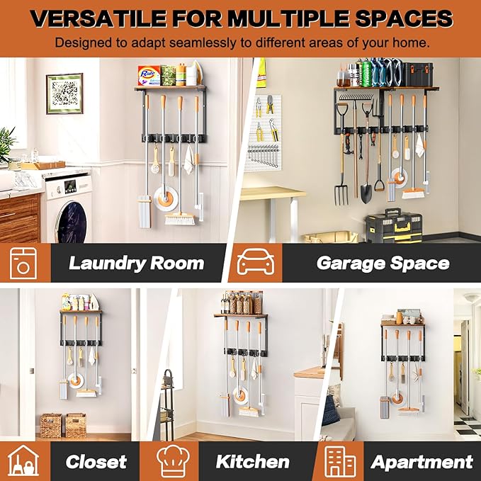 Broom Holder Wall Mount with Cleaning Supplies Organizer, Laundry Room Organization and Storage Shelves, Mop Hanger Broom Rack with Hooks, Home Improvement Kitchen Shelf Garage Organizer