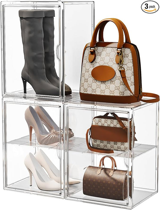 IYINIYI 15.75''x11.81''x9.84'' XX-Large Clear Shoe Storage Boxes with Divider, Stackable Plastic Boot Boxes with Magnetic Door, Acrylic display case Box with Lids for Sneaker Purses Handbags Books (3)