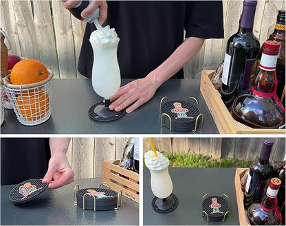 Tiki Bar Warriors Coasters Set of 6 with Holder, Bar Decor Silicone Coasters with Welcome, Aloha and Warrior, Luau and Hawaiian Decor Black Coaster, Outdoor Tiki Rubber Decorations