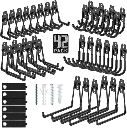 42 Pack Garage Hooks Heavy Duty, Rust-Resistant Solid Steel Wall Mount Hangers for Hanging Ladders & Bikes, Non-Slip PVC Coating Tool Organizer, 5 Sizes U & J Shapes + 6 Straps