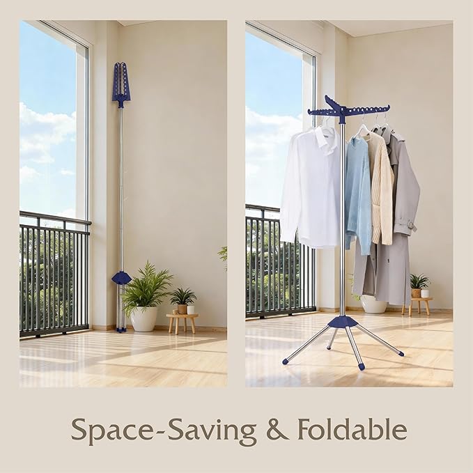 Beaudaily Clothes Drying Rack, Foldable Laundry Drying Rack, Indoor 59-Inch Drying Rack Clothing with 3 Rotatable Arms, Stainless Steel, Holds 27 Pieces, Space Saving, Portable, Blue and Silver