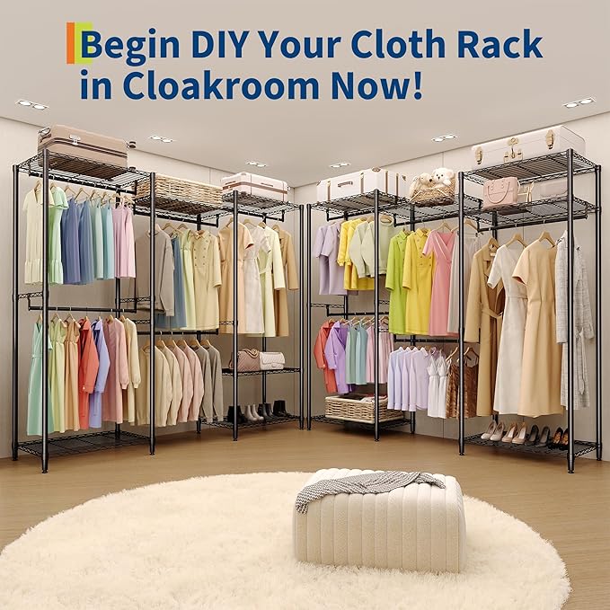 Portable Clothes Rack Heavy Duty Garment Rack, Large Freestanding Closet Wardrobe with Adjustable Shelves & 5 Hanging Rods, Closet Organizer and Storage for Bedroom Cloakroom, 76.5"H x 67.6"L x 15.5"W