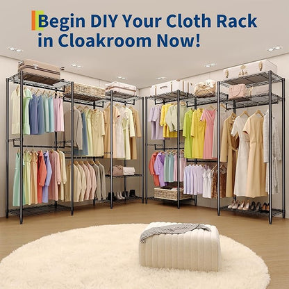 Portable Clothes Rack Heavy Duty Garment Rack, Large Freestanding Closet Wardrobe with Adjustable Shelves & 5 Hanging Rods, Closet Organizer and Storage for Bedroom Cloakroom, 76.5"H x 67.6"L x 15.5"W