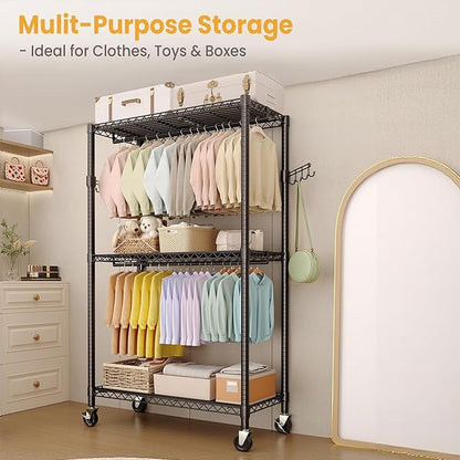 Garvee 3 Tier Clothes Rack with Wheels, Adjustable Shelves & 2 Hanging Rod, Heavy Duty Clothing Rack Closet Organizer Freestanding Wardrobe for Hanging Clothes, 79.6" H x 45.3" W x 15.8" D, Black