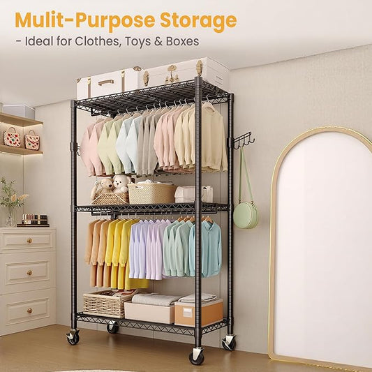 Garvee 3 Tier Clothes Rack with Wheels, Adjustable Shelves & 2 Hanging Rod, Heavy Duty Clothing Rack Closet Organizer Freestanding Wardrobe for Hanging Clothes, 79.6" H x 45.3" W x 15.8" D, Black