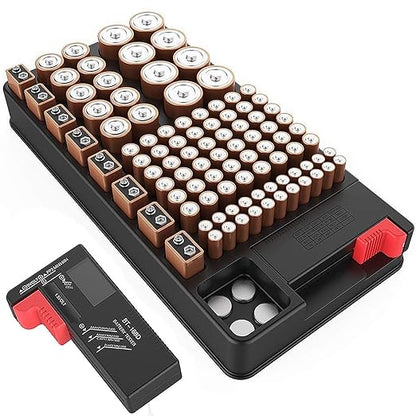 Battery Organizer Storage Case, Stores & Protects Up to 110 Batteries, Holds AAA AA C D 9V Button Cell, Compact Design with Lid for Home & Garage, with Battery Tester (Holds 110 Batteries)