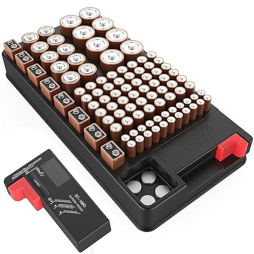 Battery Organizer Storage Case, Stores & Protects Up to 110 Batteries, Holds AAA AA C D 9V Button Cell, Compact Design with Lid for Home & Garage, with Battery Tester (Holds 110 Batteries)