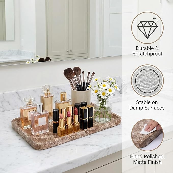 CasaCouture Light emperador Marble Vanity Tray for Bathroom Counter-12 X7 Decorative Tray for Perfume, Candles, Stone Jewelry Dish Tray