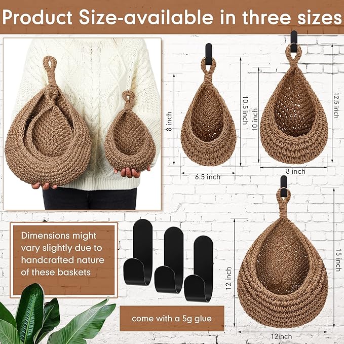 Honeydak Boho Decor Hanging Wall Baskets for Kitchen 3 Pack Teardrop Baskets with Hooks Storage Fruit Onion Vegetable Potato for Home 3 Sizes(Linen,Hemp Rope)