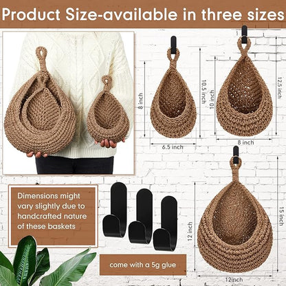 Honeydak Boho Decor Hanging Wall Baskets for Kitchen 3 Pack Teardrop Baskets with Hooks Storage Fruit Onion Vegetable Potato for Home 3 Sizes(Linen,Hemp Rope)