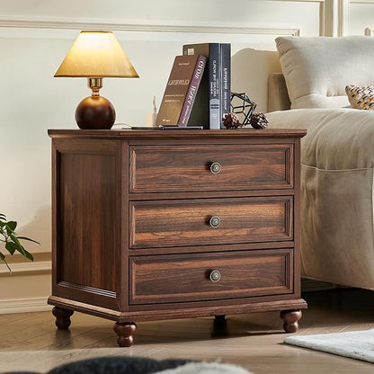 Joaxswe Farmhouse Nightstand Set of 2 with Charging Station, 24" Wide End Table with 3 Drawers,Dresser for Bedroom,Bed Side Table Chest of Drawers Cabinet,Wood Brown Night Stand for Living Room