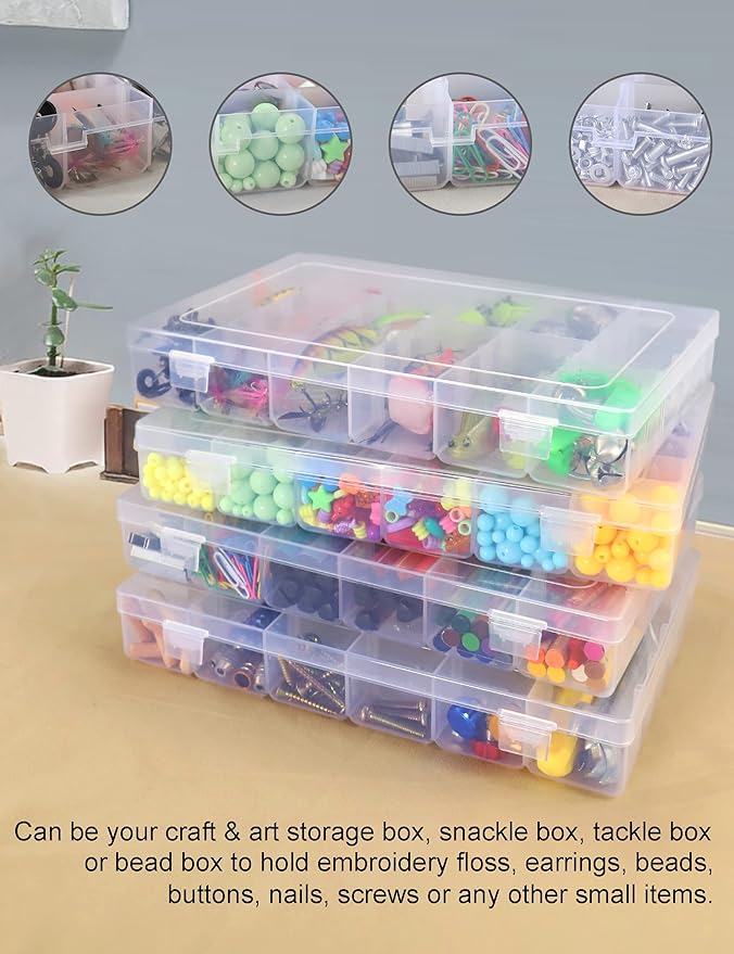 Hlotmeky Bead Organizer 36 Grids 4 Pack Clear Plastic Parts Organizer Box 3600 Tackle Box Craft Storage Compartment Divided Container